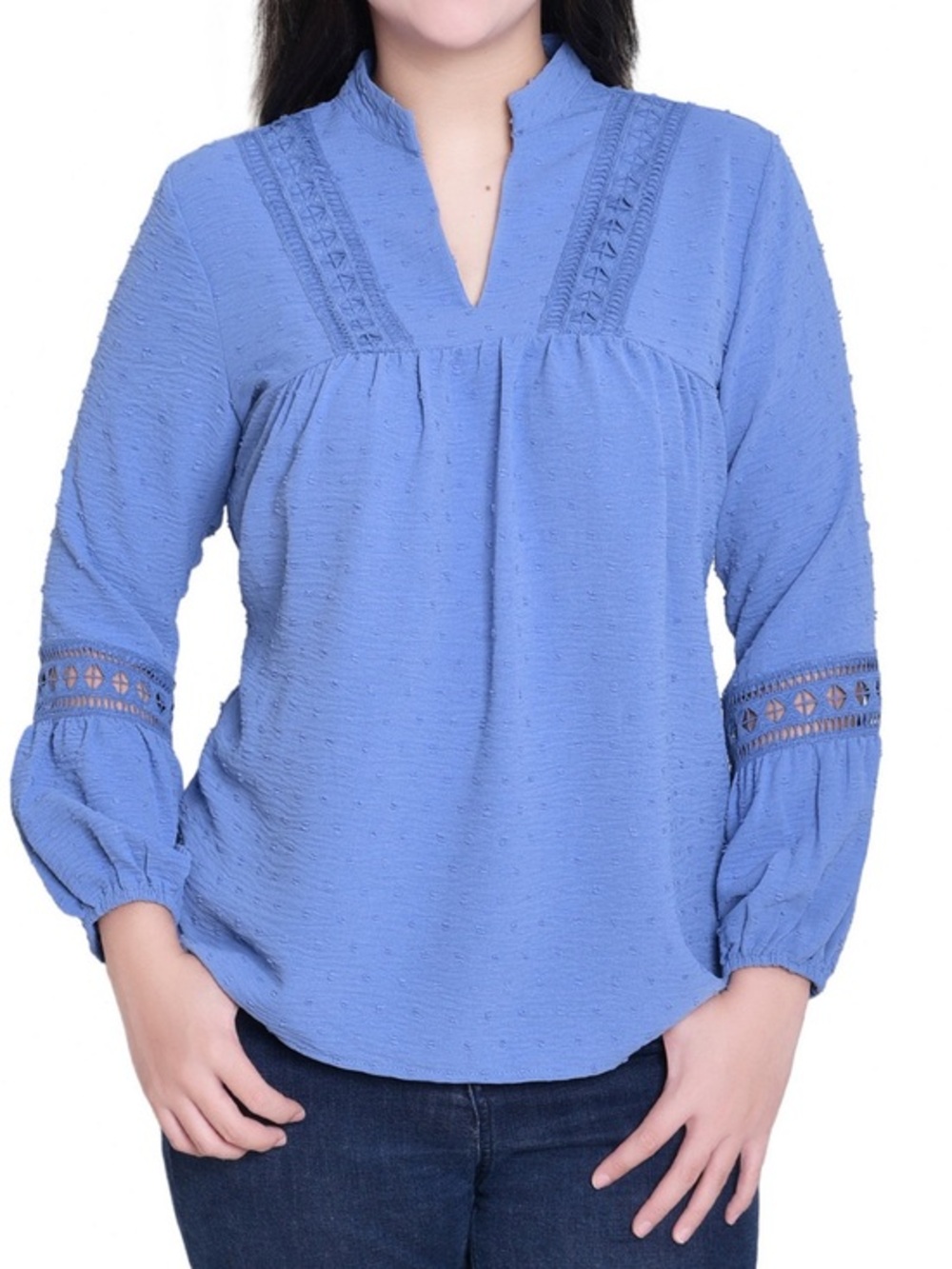 NY Collection Blue Textured V-Neck Peasant Tunic - Size S